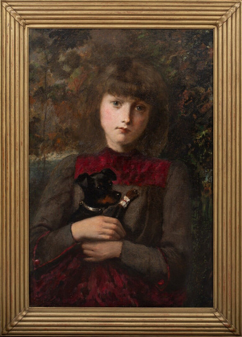 Large 19th Century English School Portrait Of A Young Girl & Injured Puppy Dog