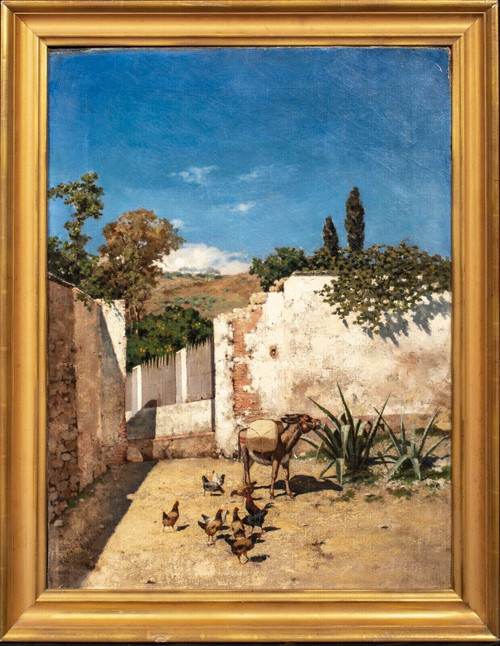 Large 19th Century Malaga Spain Street Scene Donkey by REUBEN LE GRANDE JOHNSTON