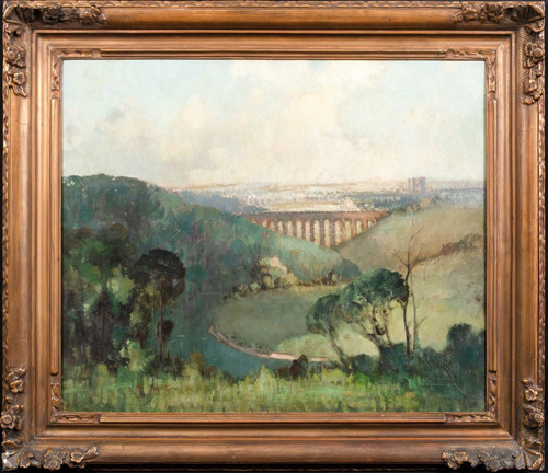 Large Circa 1920 Lincolnshire Viaduct Landscape by Herbert Rollett (1872-1932)