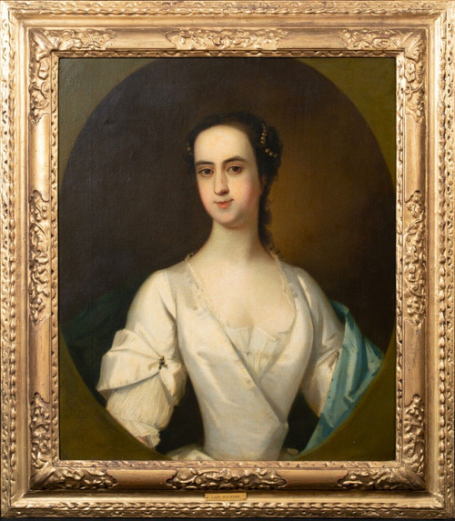 Large 18th Century English School Portrait Of Lady Maynard In A White Dress