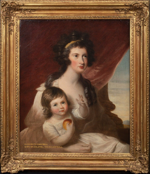 Large 19th Century English Portrait Of Elizabeth Campbell & Daughter Mother