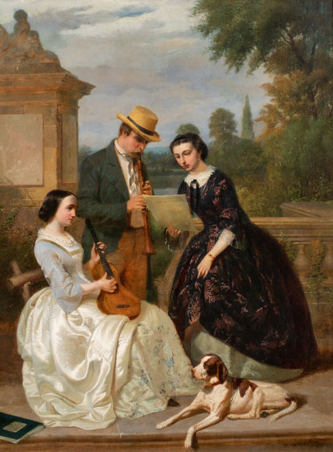 Large 19th Century French Music Recital Garden Portrait & Hound Dog SIGNED