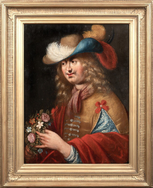 16th Century French Chevalier Gentleman Portrait Holding Flowers Plumed Hat