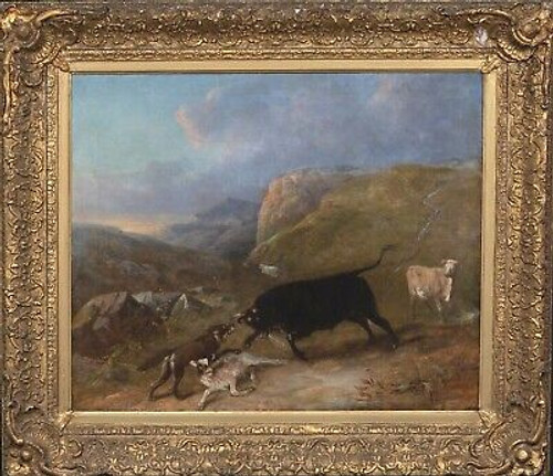 Large 19th Century Bull & Wolf Fight Mountain Landscape Antique Oil Painting