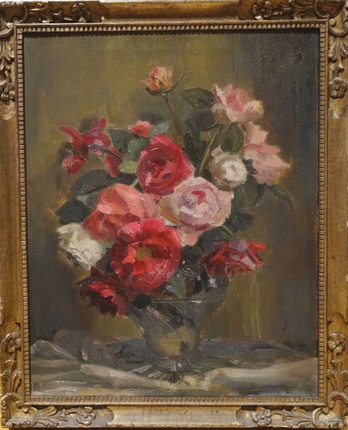 19th Century English Impressionist Still Life Red Pink White Roses Flowers