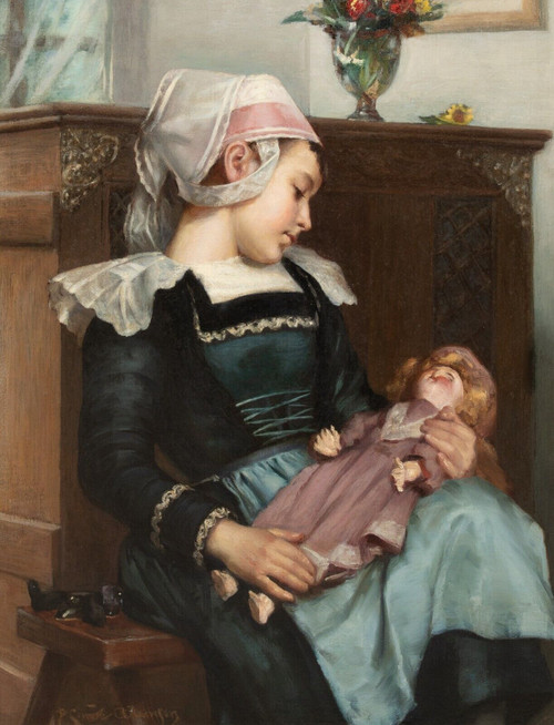 19th Century Portrait of A Breton Girl & Doll by David Comba Adamson (1559-1926)