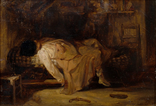 19th Century European Bedroom Scene "Le Suicide" Artists Death Oil On Panel