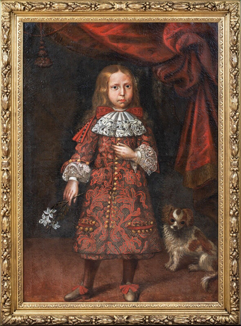 Large 17th Century Italian Piedmontese School Portrait Of Noble Boy Spaniel Dog