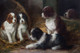 Large 19th Century French Spaniel Puppies Interior Dog Portrait by G DE CAUVILLE
