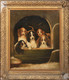 Large 19th Century English School Beagle Puppy Dogs Portrait In A Kennel