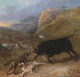 Large 19th Century Bull & Wolf Fight Mountain Landscape Antique Oil Painting