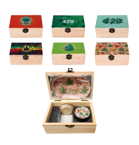 Wooden Box 3 Piece Set - Includes themed Grinder, Rolling Tray and Storage Jar