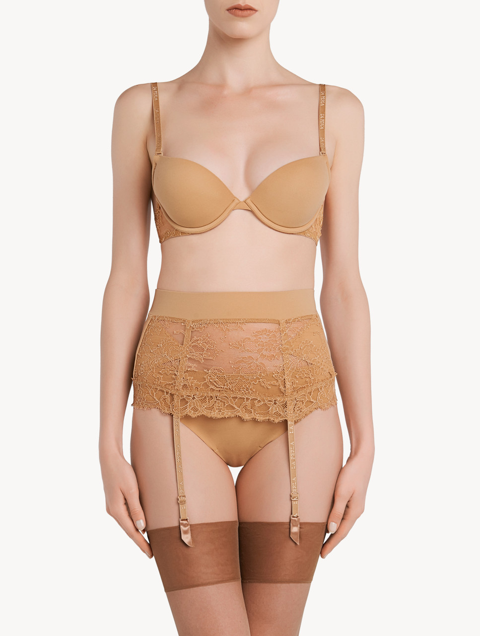 Nude Lycra strapless bandeau bra with Chantilly lace - La Perla - US