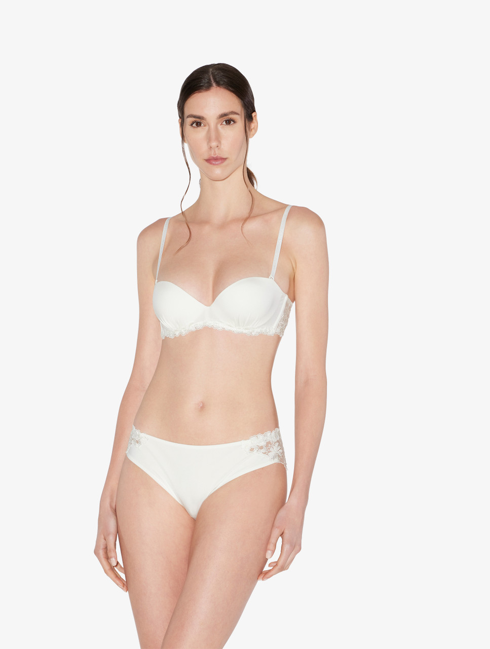 Bandeau Bra in off-white Lycra with embroidered tulle