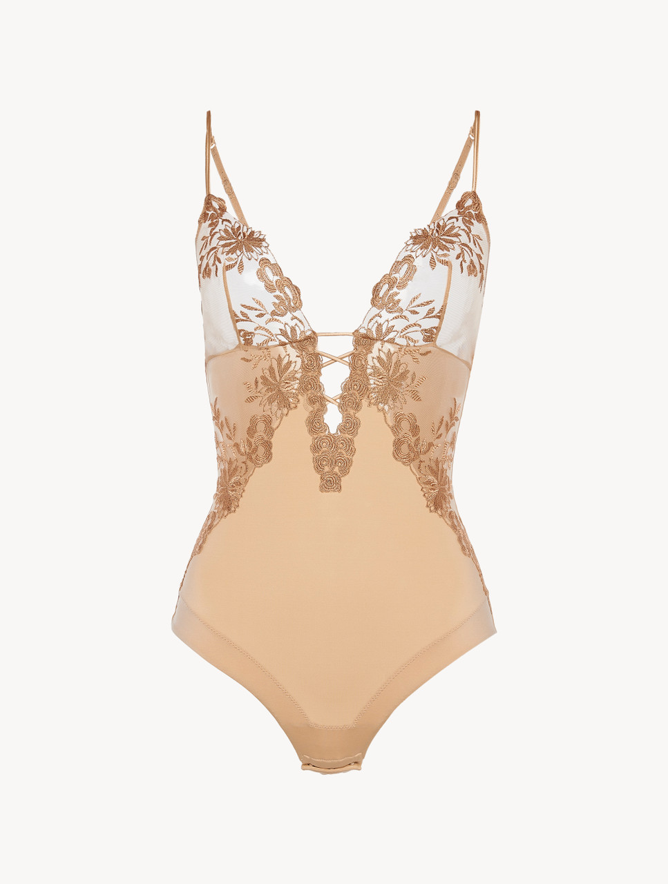 Bodysuit in beige Lycra with embroidered tulle