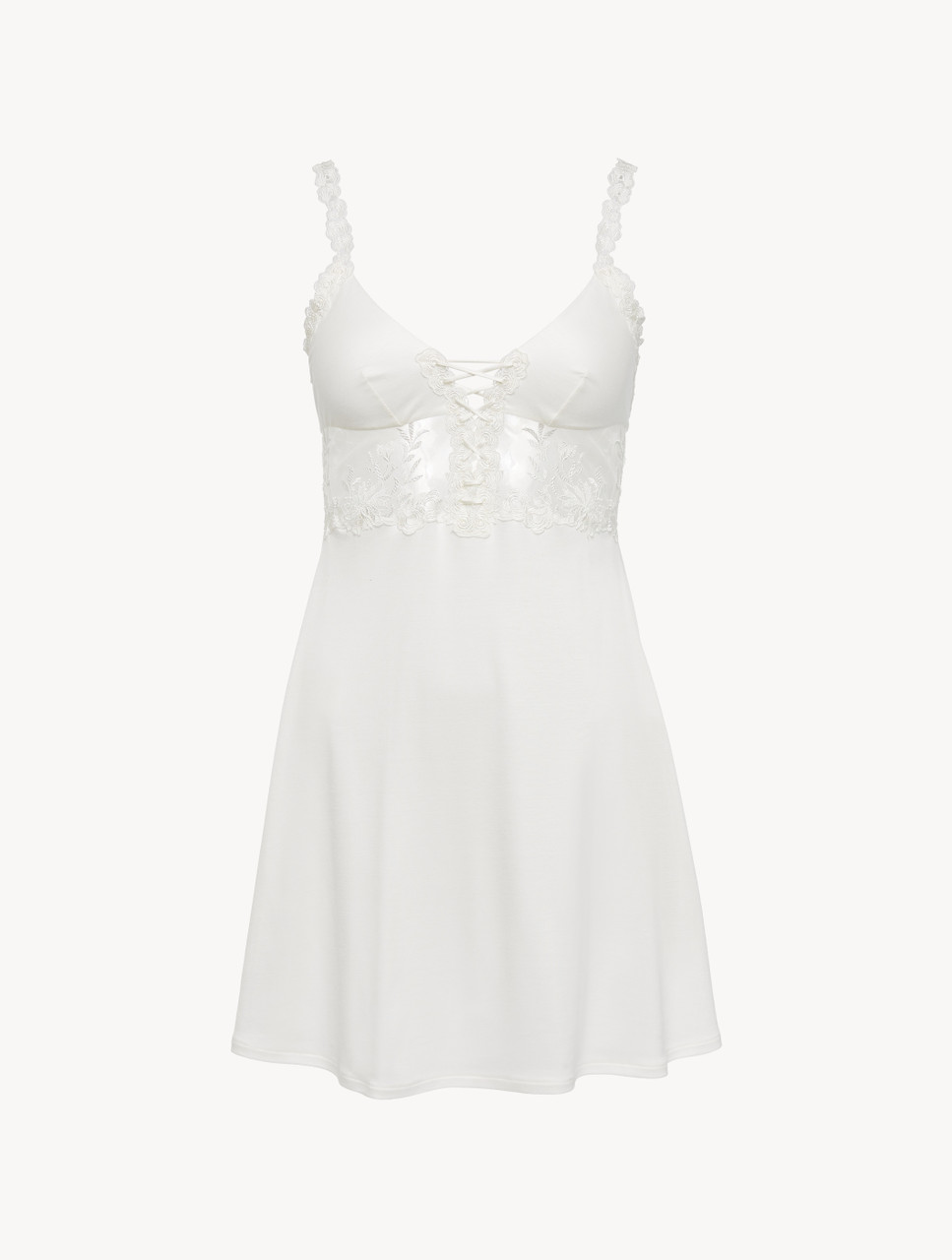 Slip Dress in off-white modal with embroidered tulle