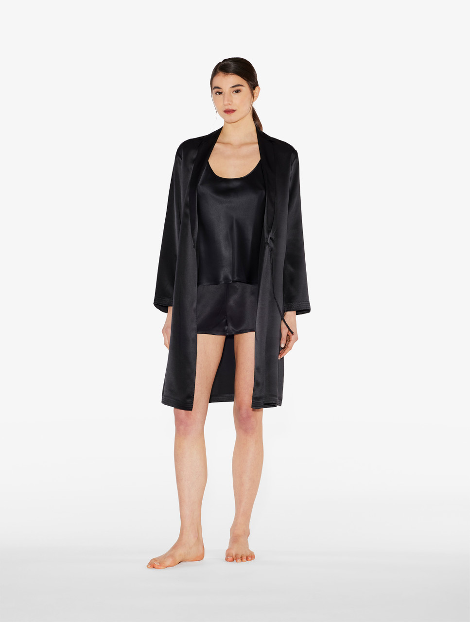 Sylvia long bathrobe - Negligee long in black silk velvet Ardoise
