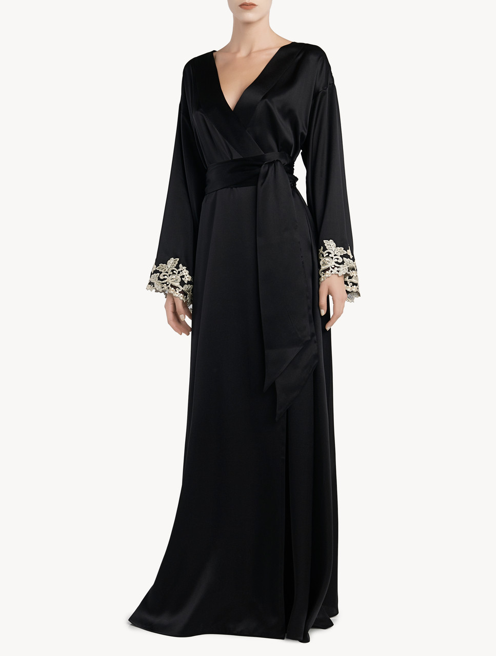 Black long silk robe with frastaglio