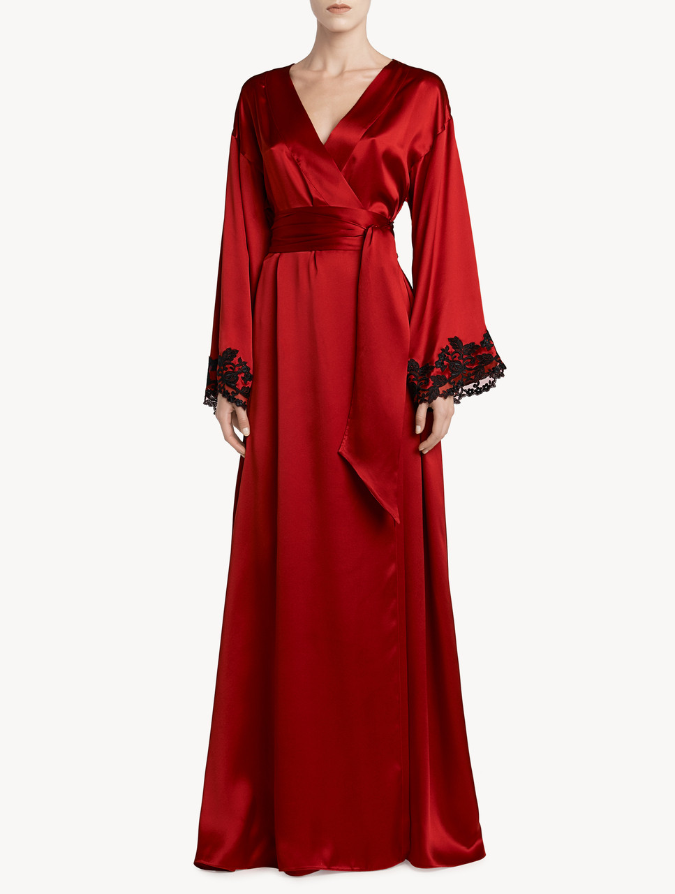 Red long silk robe with frastaglio - La Perla - US