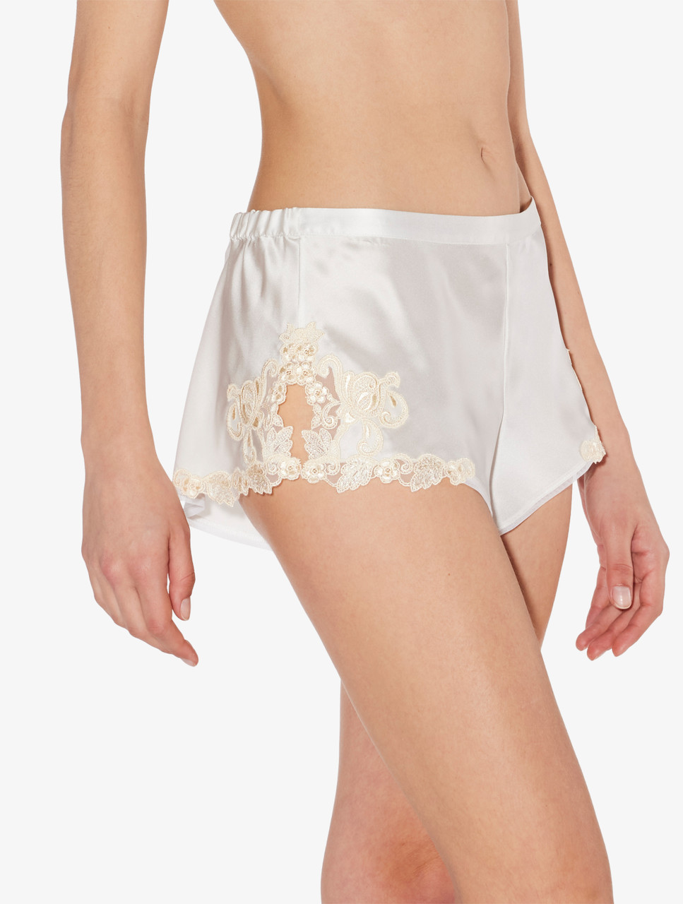 White silk satin sleep shorts with frastaglio