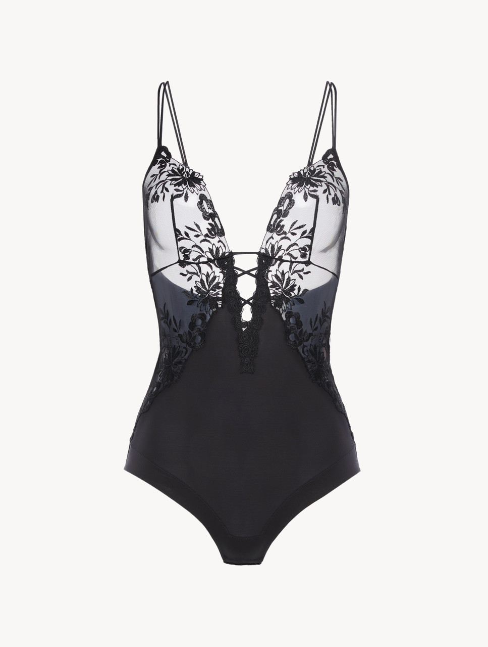 Bodysuit in Black Lycra with embroidered tulle