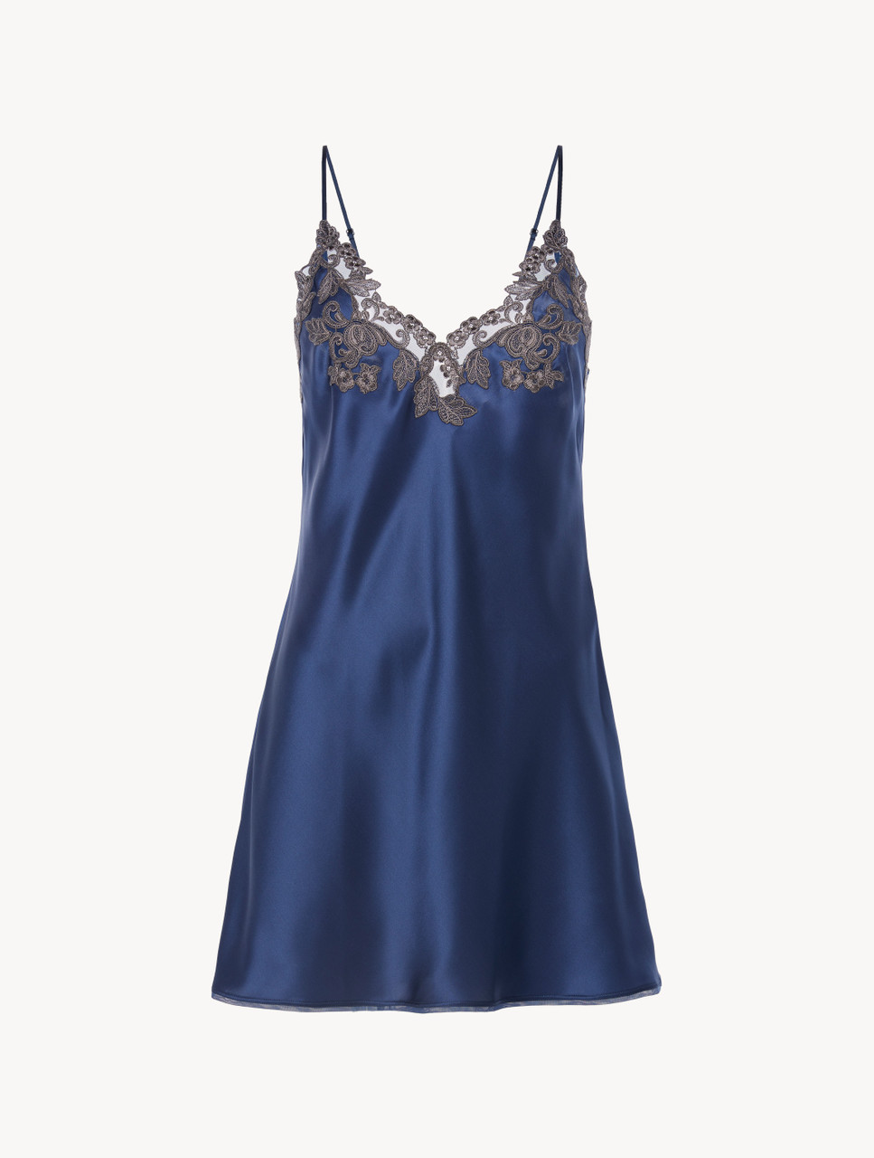 Blue silk slip dress with frastaglio
