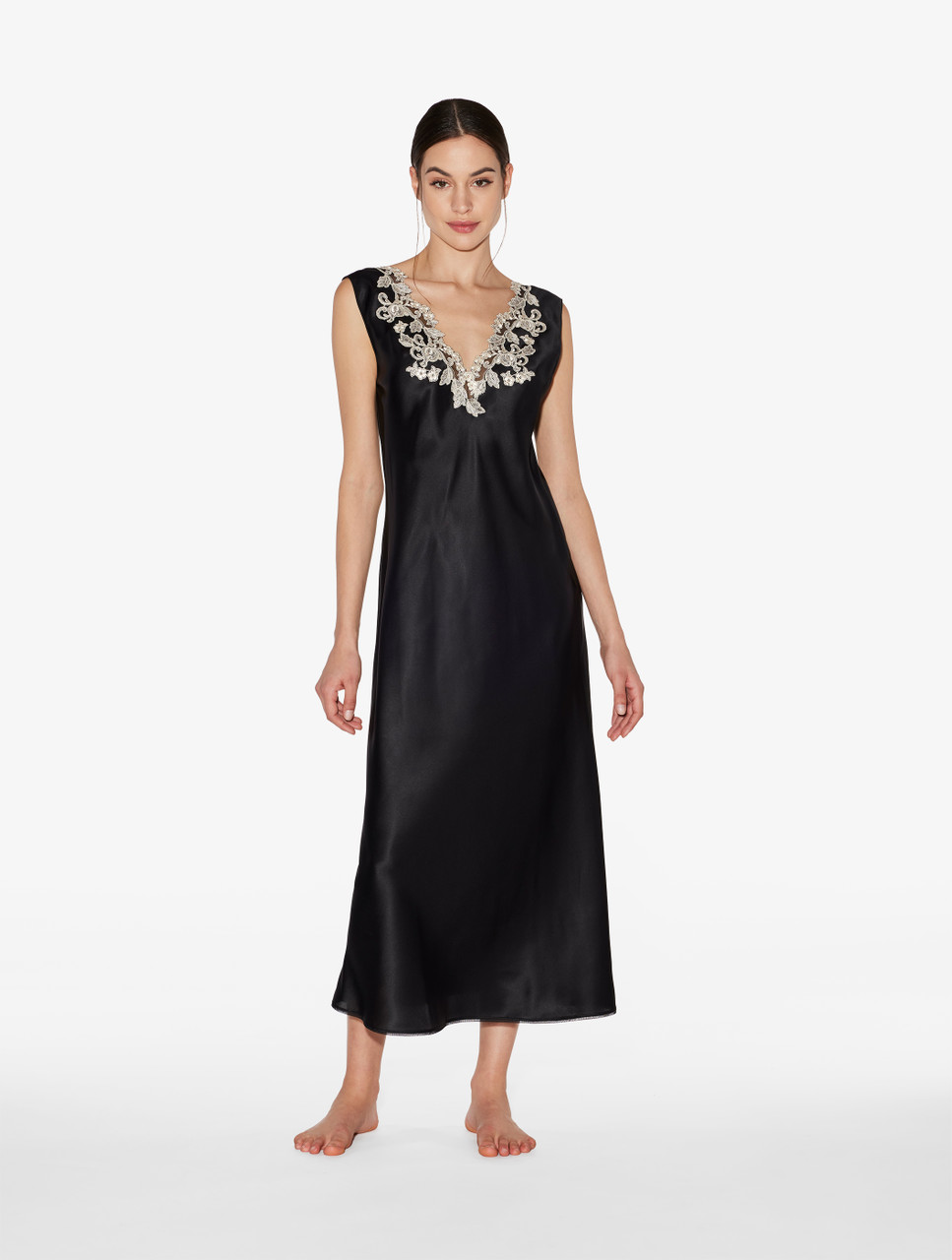 Black silk satin long nightgown with frastaglio