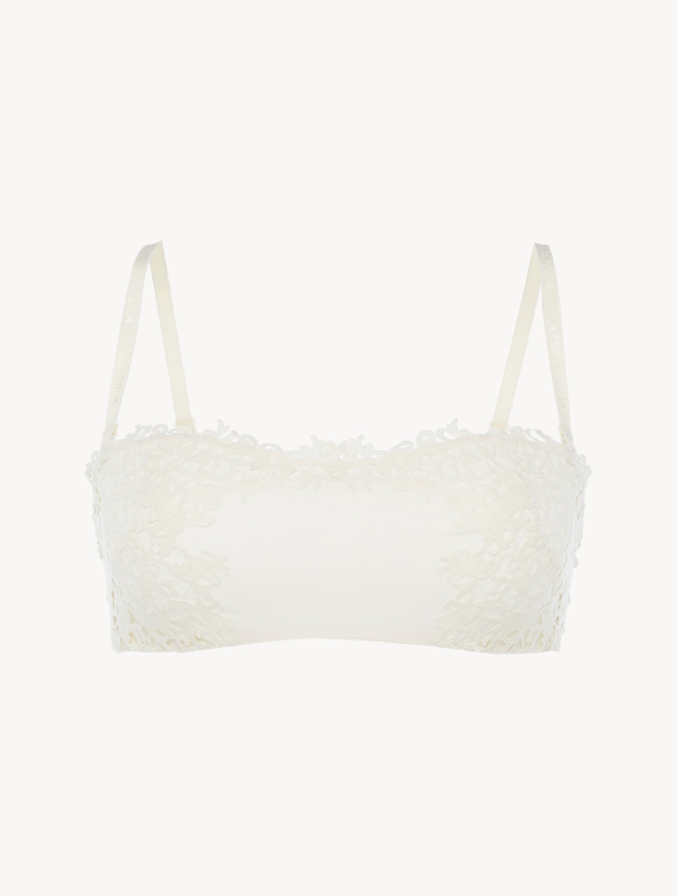 Off-white non-wired bandeau bra with macramé