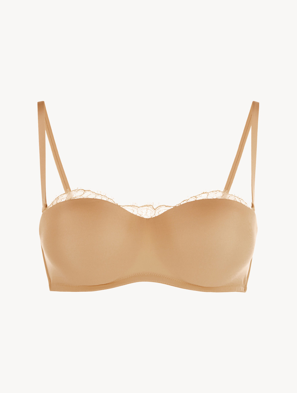 Nude Lycra strapless bandeau bra with Chantilly lace