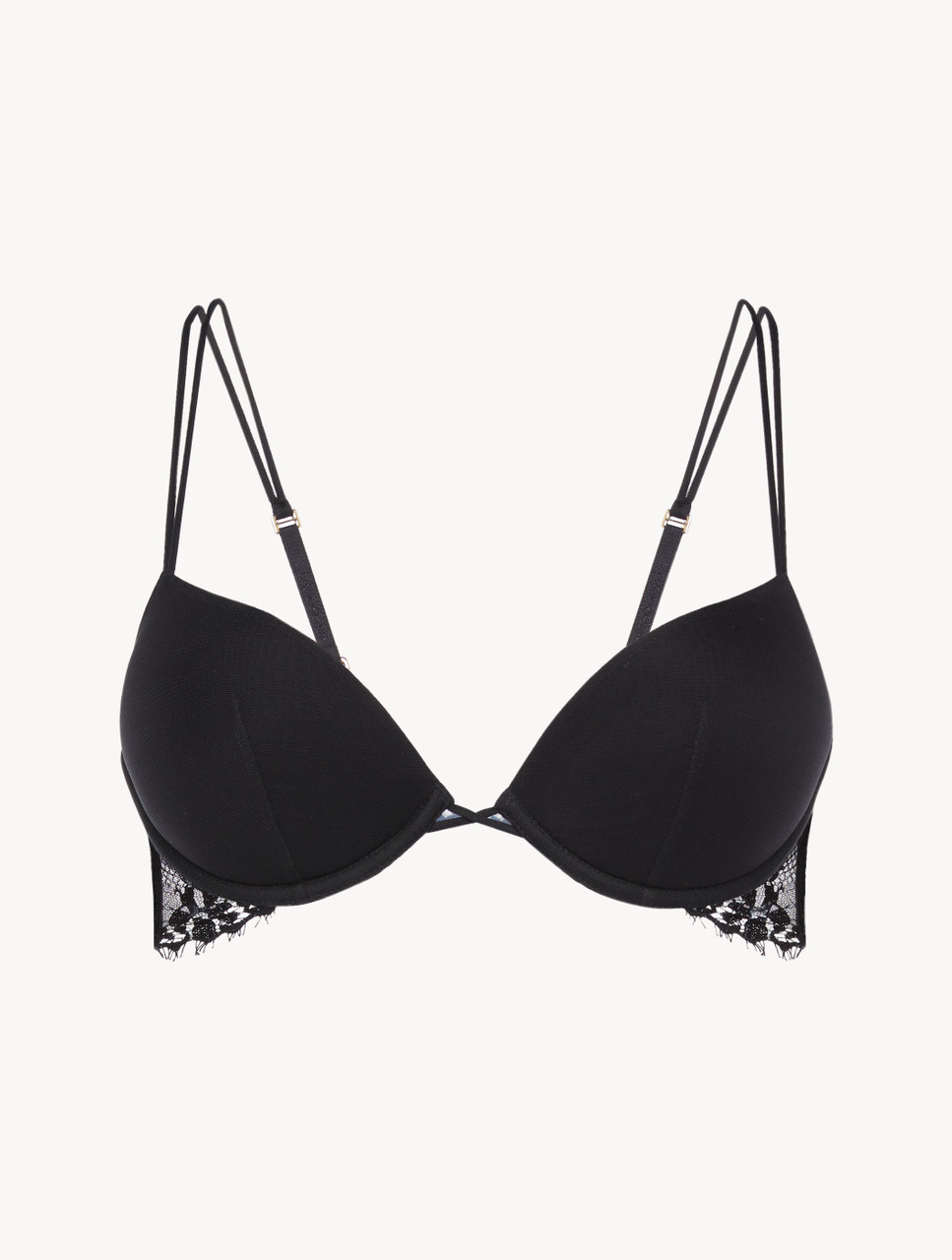 Black Satin Lace Trim Push Up Bra