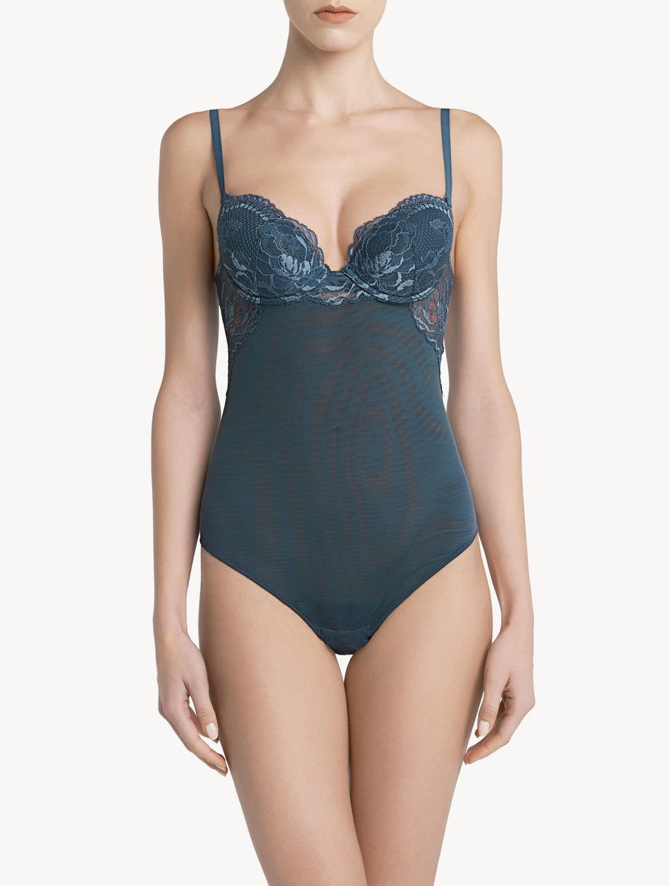 LA PERLA Woman Lace Flower Patterns Unpadded Body Suit, XL. Dark Blue Woman  Intimate Body Lingerie. Xl. 