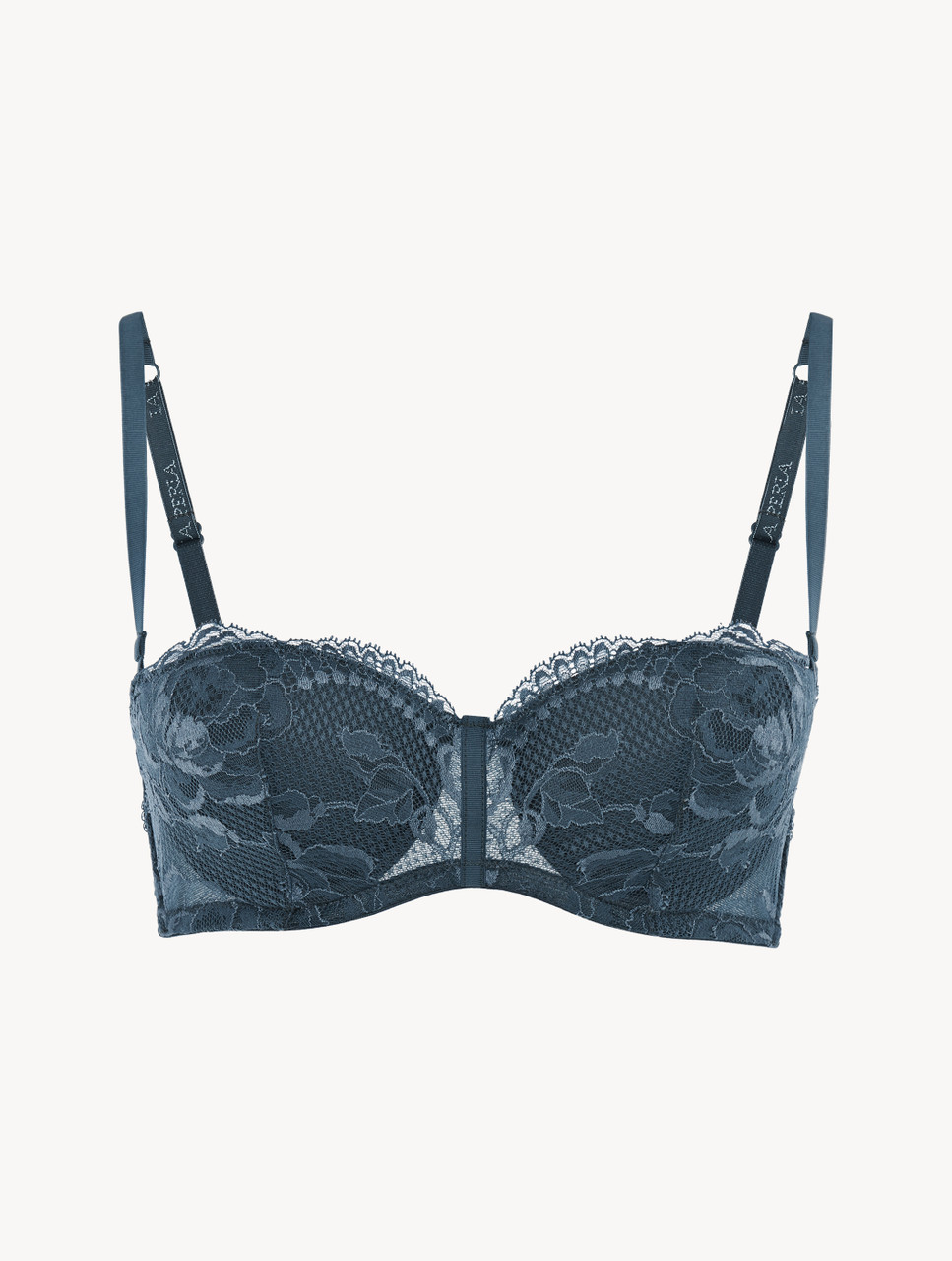 Navy Blue Sheer Elastic Lace Bandeau Top, Strapless Bra 