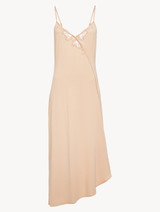 Long nightgown in pink modal jersey with embroidered tulle and asymmetric cut_0