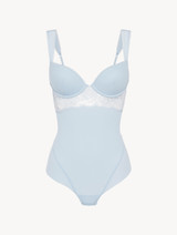 Underwired Bodysuit in blue Lycra with Leavers lace_0
