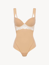 Underwired Bodysuit in beige Lycra with Leavers lace_0