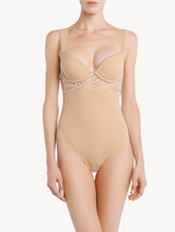 Underwired Bodysuit in beige Lycra with Leavers lace_1