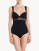 Underwired Bodysuit in black Lycra with Leavers lace_1