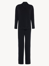 Black pajama set in stretch modal jersey with Leavers lace_0