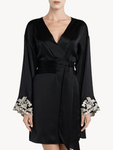 Black silk satin short robe with frastaglio_1