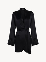 Robe in black silk satin with embroidered tulle_0