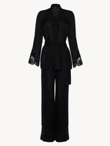 Black silk pajama set with Leavers lace_0