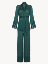 Dark green silk pajama set with Leavers lace_0