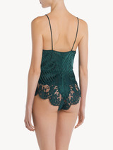 Playsuit in dark green silk with Leavers lace_2