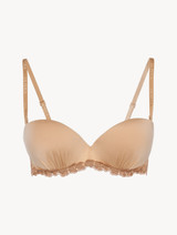 Bandeau Bra in beige Lycra with embroidered tulle_0