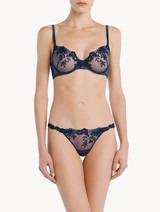 Thong in blue Lycra with embroidered tulle_1