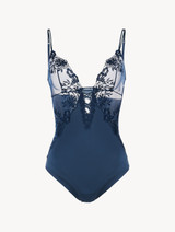 Bodysuit in blue Lycra with embroidered tulle_0
