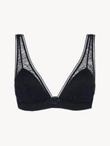 Triangle Bra in black Lycra with Leavers lace and floral embroidery_0