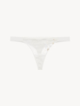 Thong in off-white Lycra with Leavers lace_0
