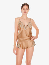 Bronze silk satin sleep shorts with frastaglio_3