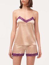 Short pajamas in beige silk stretch with lace_1